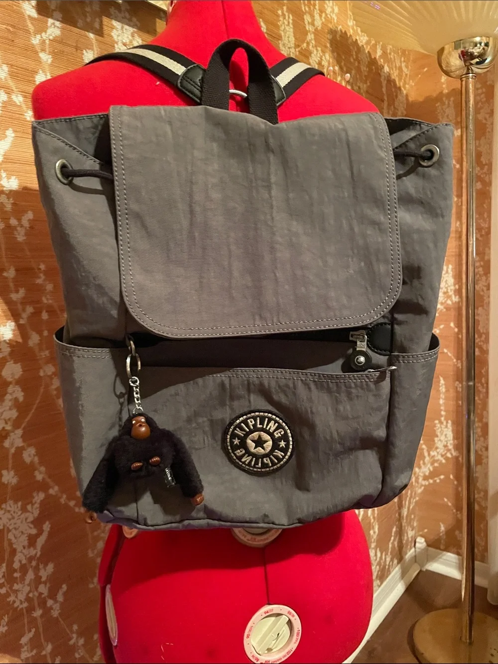 Kipling Slate Gray Nylon Flap Backpack with Monkey Charm